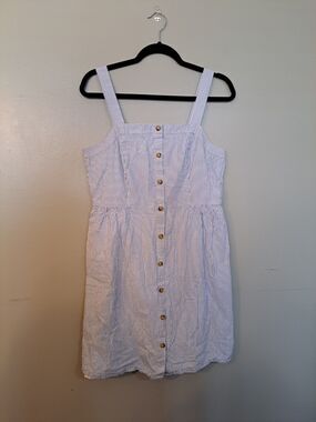 J Crew Dress Midi Button Up Sleeveless Stripe Seersucker Blue White Sz 10 Summer